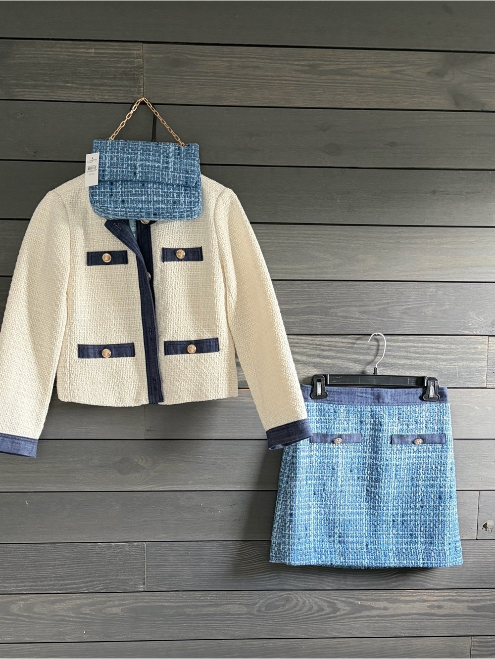 Cream & Blue Tweed Two-Piece Jacket and Skirt Set with matching purse